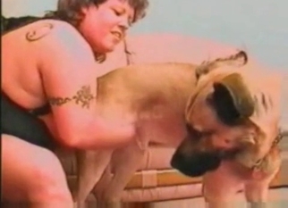 BBW MILF jerking dog's meaty boner