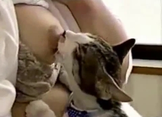 Cute kitty sucks my hard milky nipples
